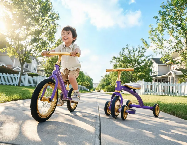 Child riding a Schwinn balance bike on a bright path